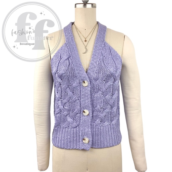 Day + Moon Chic Lavender Pastel Purple Cable Knit Sweater Vest Cardigan Tank Top - Picture 4 of 11